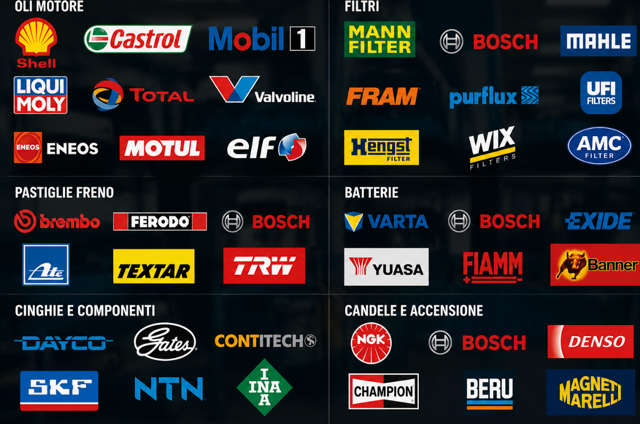 Marchi di ricambi utilizzati: oli motore, filtri, pastiglie freno, batterie, cinghie e candele