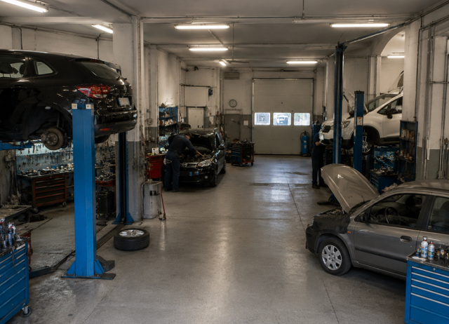 Officina attrezzata con ponti sollevatori e auto in lavorazione